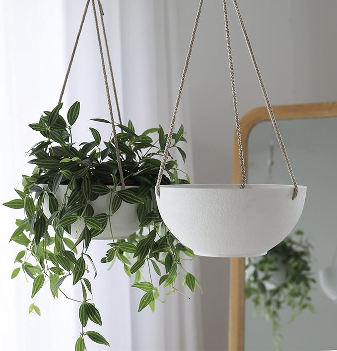 La Jolie Muse White Hanging Planter Basket - 8 Inch Indoor Outdoor Flower Pots, Plant Containers W/ Drainage Hole, Plant Pot for Hanging Plants, Pack 2 LaJol%C3%ADeMuse