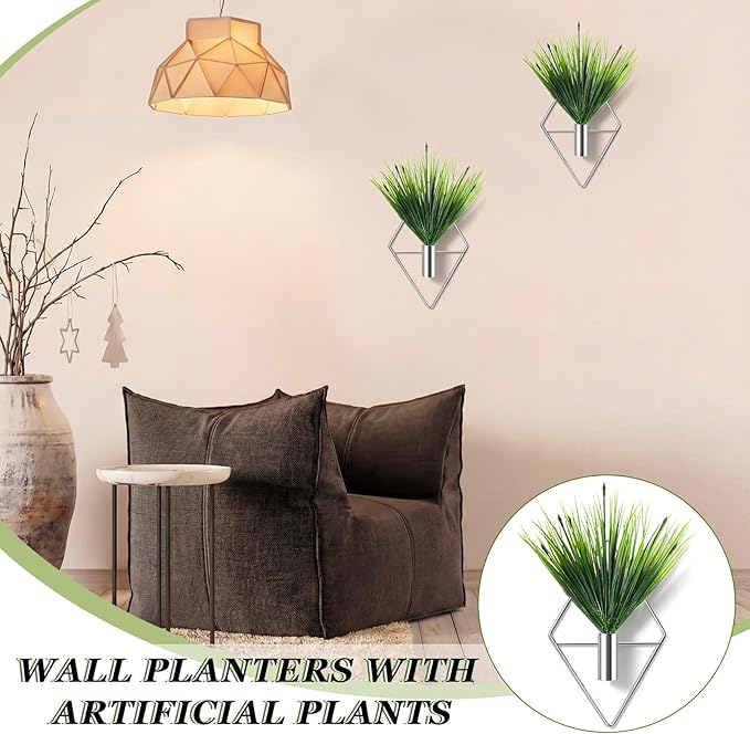4 Pieces Silver Wall Decor Hanging Planters with Artificial Plants Metal Vase Indoor Aquatic Plant Holder Modern Geometric Wall Art for Home Bathroom Bedroom Living Room Office Canlierr