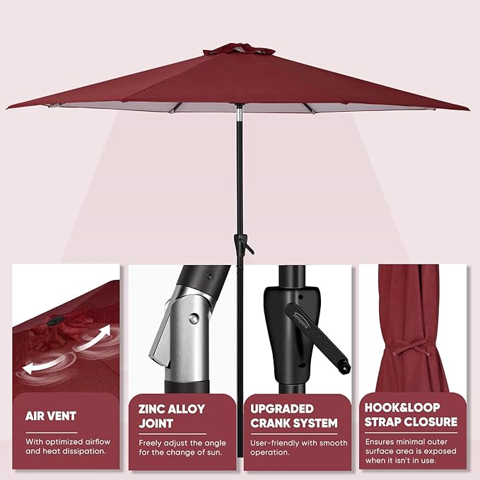 Tempera Patio Market Outdoor Table Umbrella with Auto Tilt and Crank, Large Sun Umbrella with Sturdy Pole & Fade Resistant Canopy, Easy to Set TemperaPatioLife