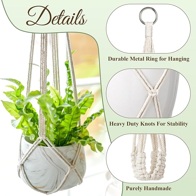 Dahey Macrame Plant Hanger Set of 3 with Hooks Indoor Hanging Planter Basket 35"/29"/23" Handmade Woven Cotton Rope Flower Pot Crochet Plant Holder Stand for Boho Home Decor No Tassels,Beige Dahey
