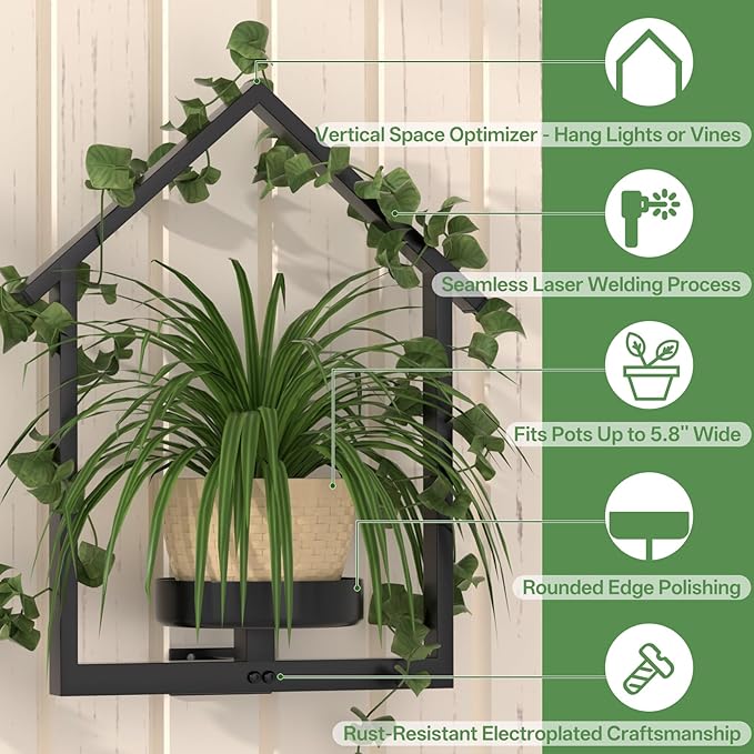 Wall Planters for Indoor Plants with Lights, 2 Pack House Shape Plant Shelves, Anti-Rust Hanging Wall Plant Holder with Warm Light for Home Decor Indoor Outdoor, Entryway Housewarming/Wedding DTUQYX