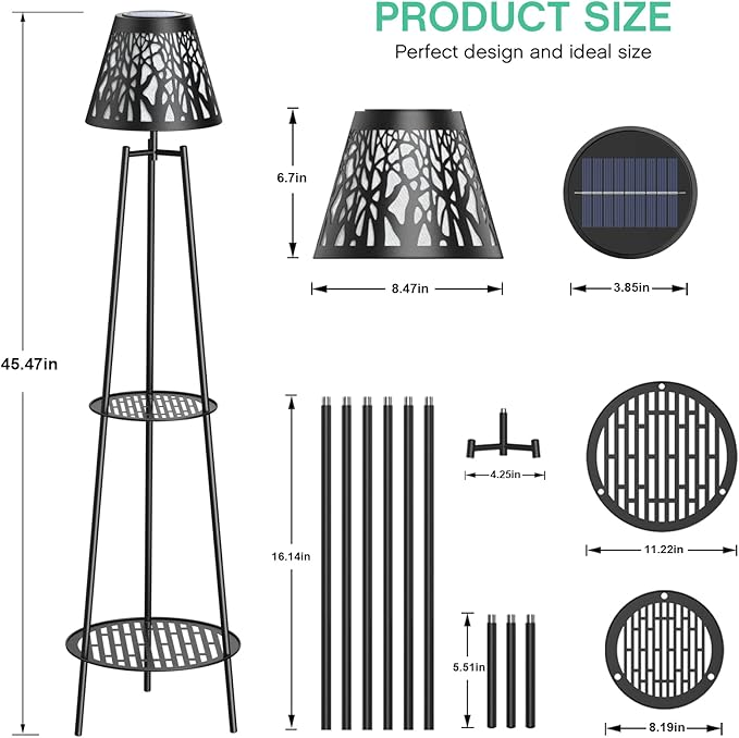 2 Pack 45.5'' Outdoor Floor Lamps with 2 Tier Plant Stand, Solar Powered Metal Waterproof Lights for Patio Deck Yard Garden Porch Decor VISFLAIR