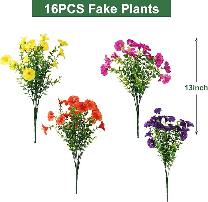 Artificial Flowers for Outdoors, UV Resistant Fake Silk Morning Glory, Realistic Faux Plants for Outside Porch Patio Window Box Hanging Planter (16, Purple Fuchsia Yellow Orange) maxkes