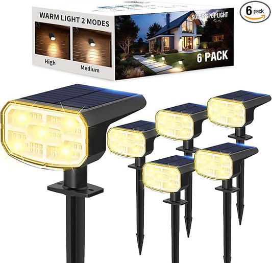 Solar Lights Outdoor Waterproof IP65, Super Bright LED, 3000K 2 Lighting Modes, Solar Powered Yard Garden Solar Spot Lights for Outside Landscape Auto On/Off -6 Pack JEJOT