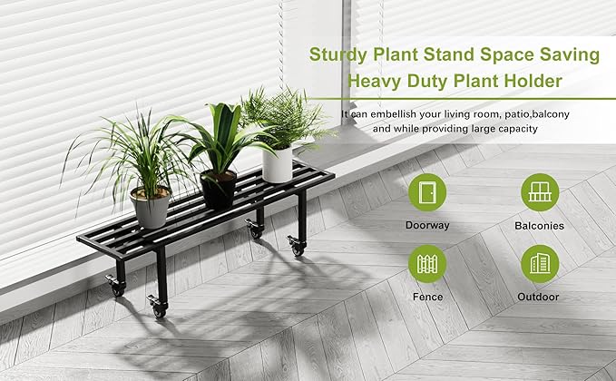 Zhongma One Tier Metal Plant Stand with Wheels,(35.43 L x 8.66 W x 10.3 H) Heavy Duty Plant Holder for Home, Window,Garden, Plant Lovers, Display Stand Zhongma