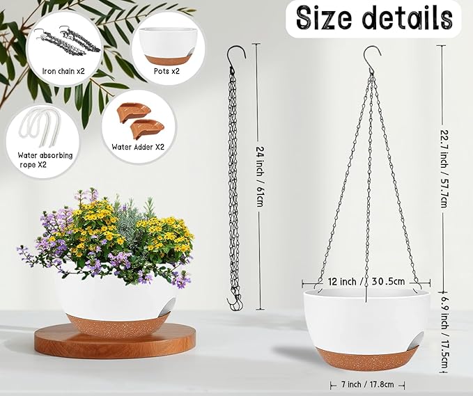 2 Pack 12 Inch Self Watering Hanging Planters for Indoor Plants, Large White Brown Plastic Hanging Pots with Chains for Outdoor Patio Garden Home Decor White Brown zople
