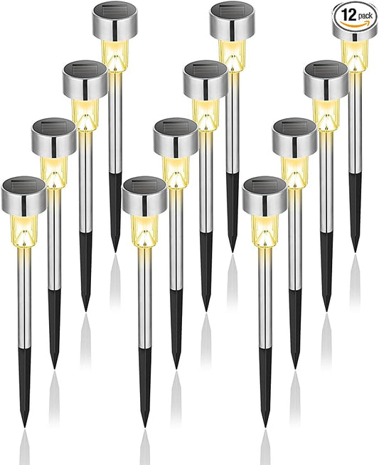 GIGALUMI Solar Lights Outdoor Waterproof, 12 Pack, Stainless Steel LED Solar Garden Lights for Patio, Lawn, Yard and Landscape, Garden Decor Patio Decor,Warm White GIGALUMI