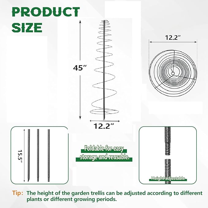 2 Pack Spiral Trellis for Climbing Plants Outdoor, 45 Inch Tall Heavy Duty Metal Garden Tower, Decorative Plant Support with Anti-Tip Stake,Rustproof for Clematis Pole Beans Cucumber Berry Vines Pots EUIJOIP