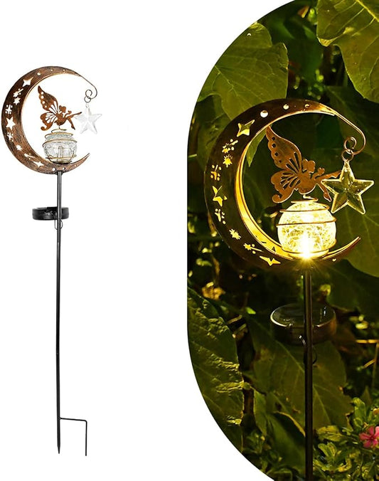 Solar Lights Garden Decorations Outdoor-Moon Fairy Lights with Crackle Glass Globe,Lawn Decorative Lights Waterproof Warm White LED, Decoration for Pathway Lawn Patio Courtyard Backyard(Moon Elf) YMTengFei