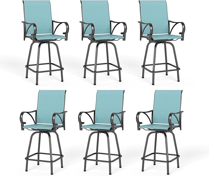 PHI VILLA Outdoor Bar Stools Set of 6, Swivel Patio Bar Stools & Chairs, High Top Bar Seating for Outside, Balcony，Porch and Backyard, Teal PHIVILLAThepioneerofcomfortablehouseholdsupplies