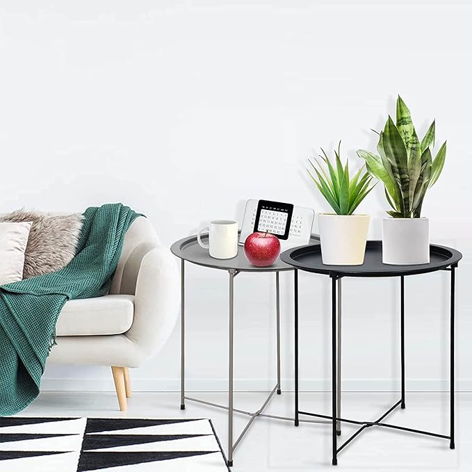 Garden 4 you Folding Tray Metal Side Table 2PC Grey Round End Table Cyan Sofa Small Accent Fold-able Table, Round End Table Tray, Next to Sofa Table, Snack Table for Living Room and Bed Room Garden4you