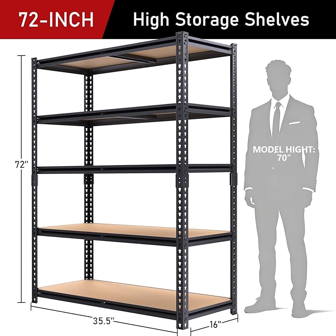 72" H Storage Shelves,Storage Shelves Heavy Duty,2400LBS Metal Shelving Units,Adjustable Garage Shelving Heavy Duty for Garage Storage,Warehouse,16"x35.5"x72 Rootora