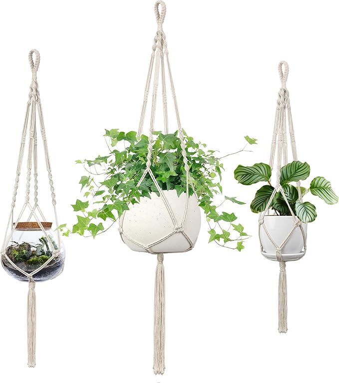 Macrame Plant Hanger - Fits 4 to 13 inches Pots for Indoor Outdoor, 34"/41"/46" 3 Sizes Set, Ivory (POTS NOT Included) IDEEEPAN