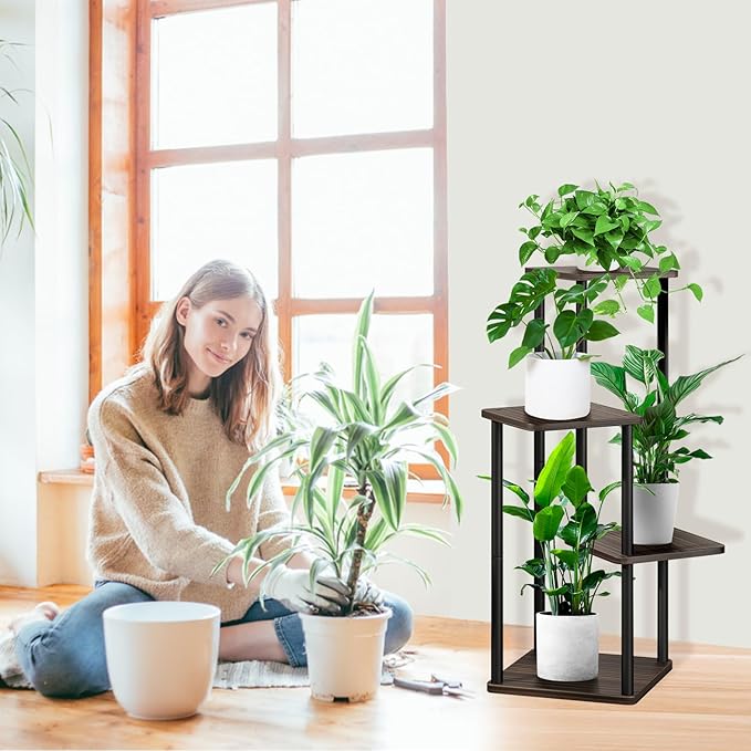 4 Tier Plant Stand Indoor, Thickened Metal Wood Corner Plant Shelf Stands for Multiple Plants, Indoor Tall Plants Stand Tiered Flower Holder for Living Room Patio Garden Balcony(Black+Oak) YOCOMEY