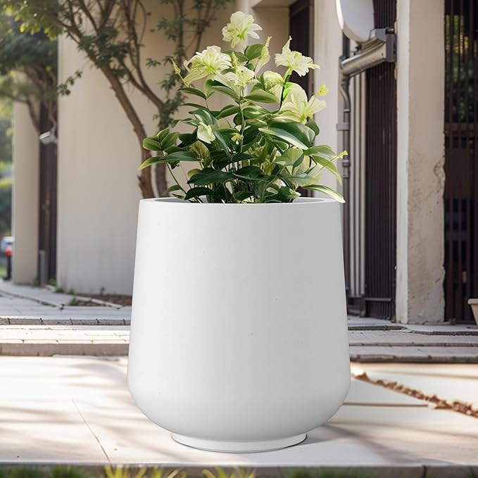 Kante 15.3" Dia Round Concrete Planter, Outdoor Indoor Large Plant Pots Containers with Drainage Hole and Rubber Plug for Home Garden Patio, Snow White Kante