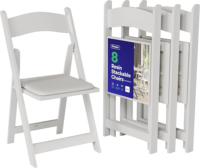 SIMPLEX 8 White Folding Chairs – Resin Stackable Foldable Chairs with Padded Seats – Comfortable White Folding Chairs for Indoor/Outdoor Events – Lightweight Resin Chairs (8 Pack) Simplex