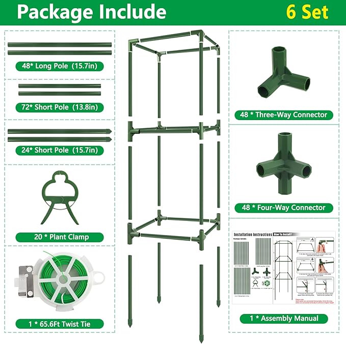 6 Pack Square Tomato Cages, 49.2" Large Upgraded Heavy Duty Steel Tomato Trellis Stakes, Garden Plant Support Cages Kit for Raised Garden Bed, Cucumber Trellis Vegetables and Climbing Plants Rootora