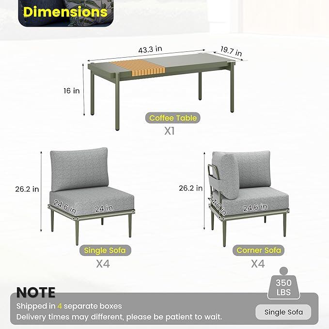 Sundale Outdoor 9 Pieces Patio Furniture Set, U-Shaped Outdoor Sectional Sofa with 6 Inch Olefin Cushion and Coffee Table, Modern Metal Outdoor Conversation Sets for Backyard, Poolside SundaleOutdoor