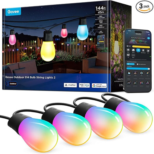 Govee S14 Bulb Outdoor String Lights 2, 144ft RGBIC Smart Warm White Outdoor Lights with 15 LED Bulbs, 111 Scene Modes for Outdoor Decor, IP66 Compatible with Alexa, Google, Matter, APP Control Govee