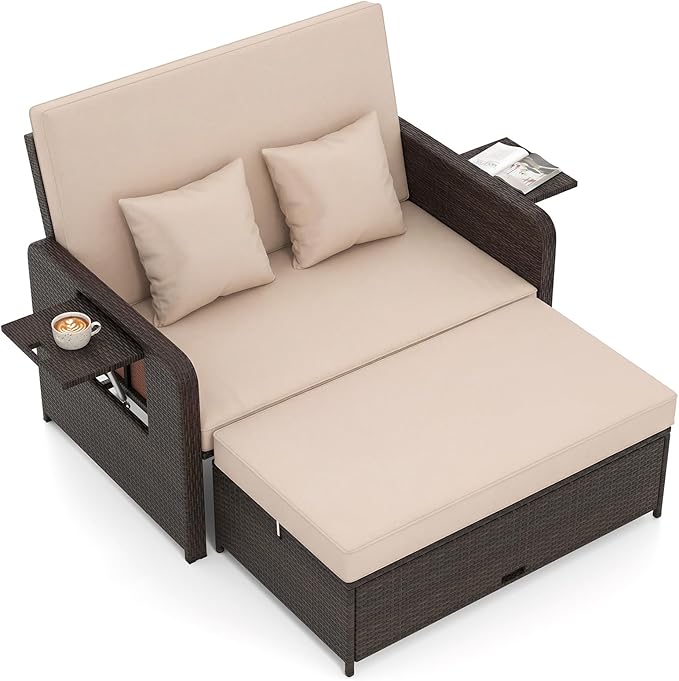 Tangkula Patio Rattan Daybed with 4-Level Adjustable Backrest, Outdoor PE Wicker Loveseat with Storage Ottoman & Folding Side Tray, Double Sunbed Lounger for Balcony, Backyard & Poolside TANGKULA