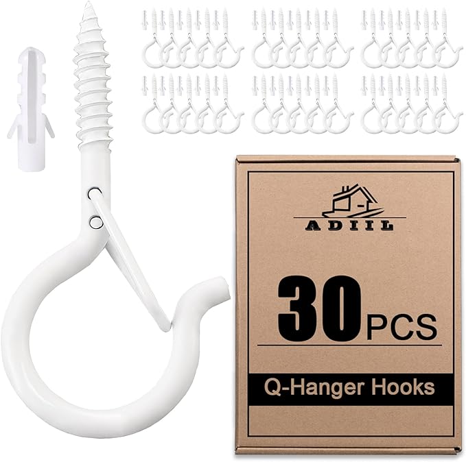 ADIIL 30 PCS Q Hanger Hooks with Safety Buckle, Windproof Screw Hooks for Hanging Outdoor String Lights, Plants, Christmas Patio Lights, 2.2 Inches, White ADIIL