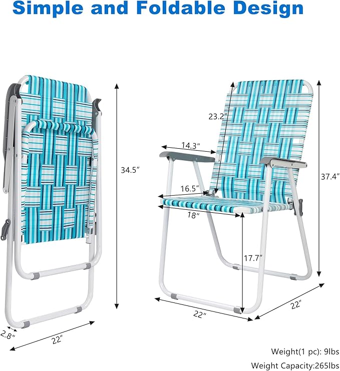 VINGLI Patio Lawn Webbed Folding Chairs Set of 2, Outdoor Beach Chair Portable Dining Chair for Outdoor Yard, Garden (White & Blue, Classic) VINGLI