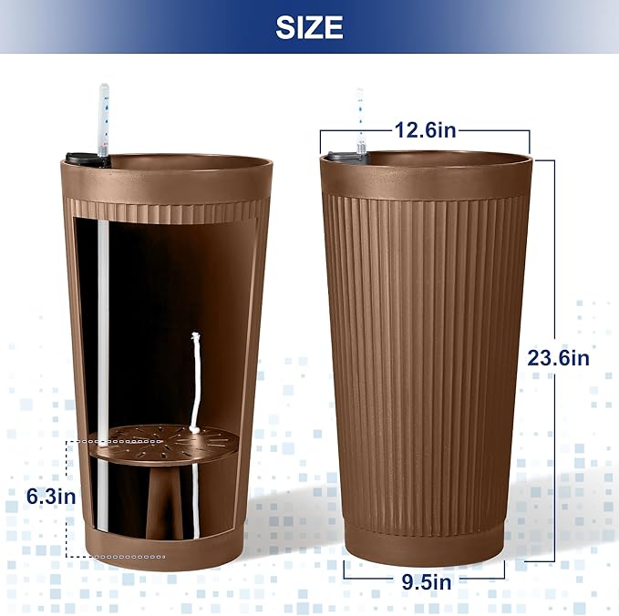 FENCY 2Pack 24IN Self Watering Planter for Indoor Plants, Plastic Large Planter for Outdoor Plants, Water Level Indicator& Spacious Reservoir Flower Planter Decorative(Brown) FENCY