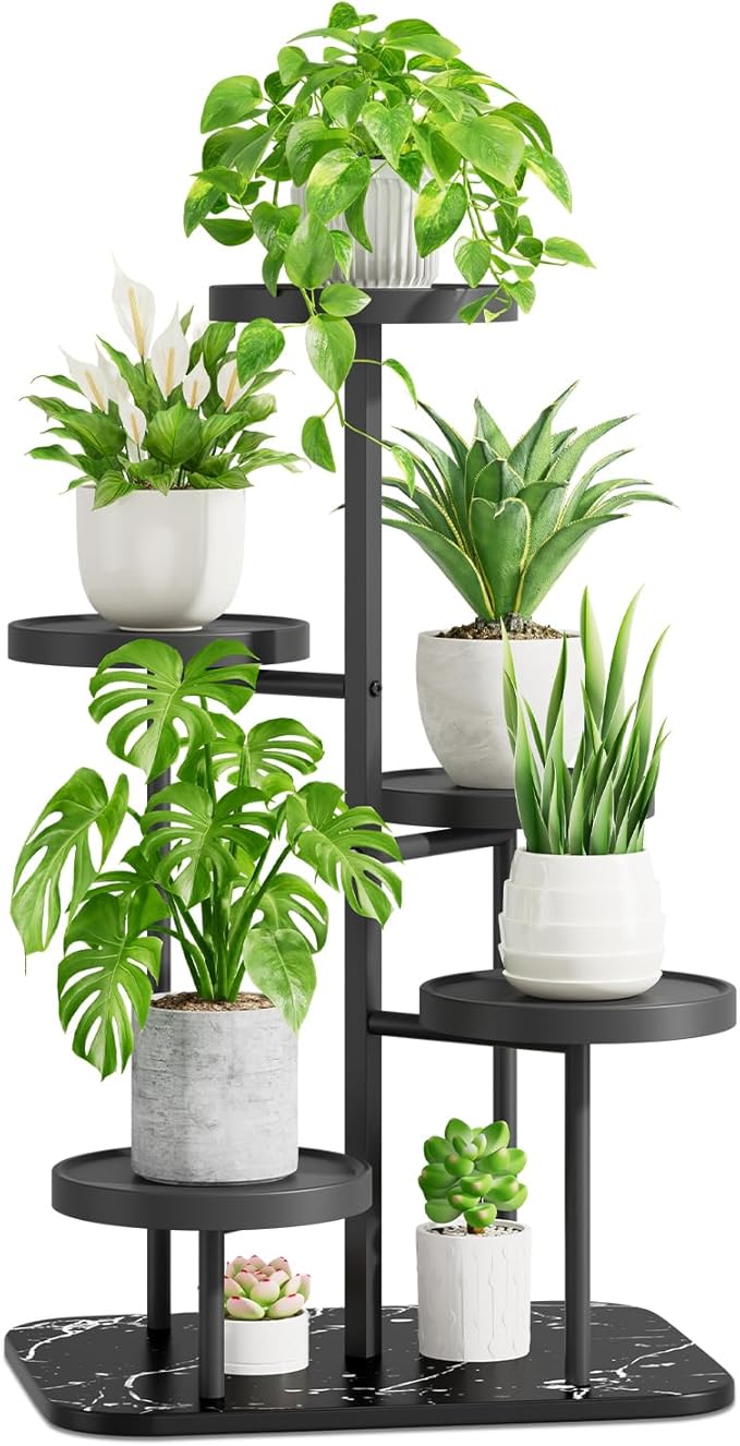 iDavosic.ly 5 Tier Plant Stand Indoor Outdoor, Tiered Corner Plant Stands for Multiple Plants, Metal Plastic Tall Plant Display Holder Flower Shelf for Patio Living Room Garden Balcony Bedroom, Black iDavosicly