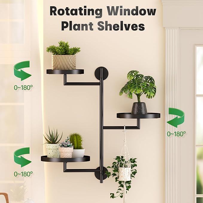 Window Rotating Plant Stand Shelf Indoor Black Metal Floating Shelves 3-Tier Wall Mount Plant Holders for Living Room Wall Planter Modern Home Decor for Gardening YQSLYSF