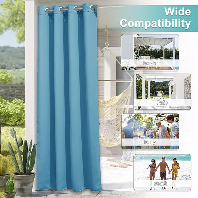 NICETOWN Outdoor Curtains for Patio Waterproof Set of 2, Silver Stainless Steel Grommet Blackout Weighted Outdoor Indoor Drapes Thermal Insulated for Balcony/Pool, W52 x L84, Teal Blue NICETOWN