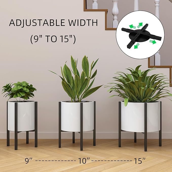 Adjustable Metal Plant Stand Indoor, Mid Century Modern Outdoor Planter Holder for 9 to 15 Inch Pots, Heavy Duty 160 LB Load, Corner Floor Stand for Home Garden Decor Black with Round Plate HomecourtyardsInterio
