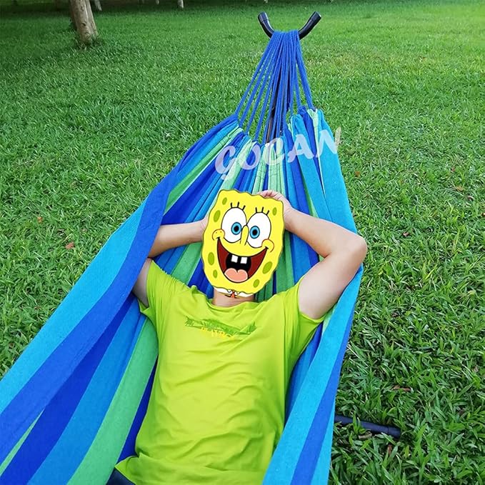 Brazilian Double Hammock 2 Person Extra Large Canvas 250x160cm Total Length 350cm Load 500lb Cotton Hammock for Garden Outdoor and Indoor Blue/Green(98 * 65'') GOCAN