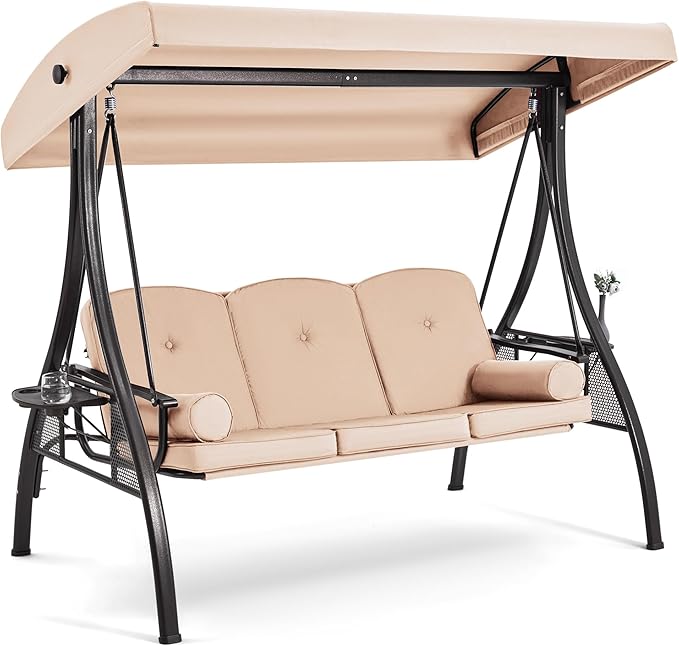 HOMREST 3 Seat Outdoor Porch Swing with 1.5" Deepened Cup Holder, Adjustable Canopy, Patio Swing Bed with Stand, Patio Glider Swing with Thicken Cushions, Pillow for Yard, Garden(Khaki) HOMREST