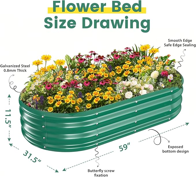 Galvanized Raised Garden Beds for Gardening - 60 x 32 x 12 inch Oval Metal Planter Boxes Above Ground Outdoor for Vegetables,Flowers,Herbs, Garden Container Green (1, 5X2.7X1FT) Rootora