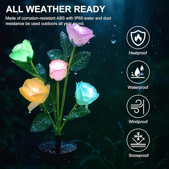 Upgraded Solar Garden Lights, 2 Pack Outdoor Solar Lights, New Round Panel for 40-Hour Runtime, Serve as Outdoor & Indoor Decor, 7-Color Changing Flower Lights, Waterproof for Patio Yard Decoration Rootora