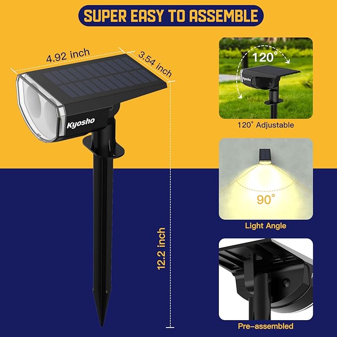Kyosho Solar Outdoor Lights Waterproof IP67, 38 LEDs Solar Spot Lights Outdoor, 2-in-1 Landscape Spotlight with 3 Modes for Lawn, Pathway, Yard, Pool, 4 Pack Kyosho