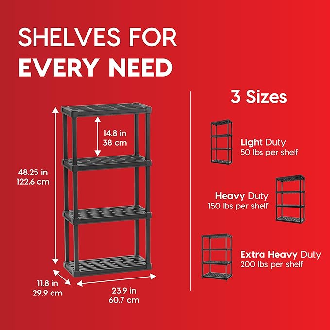 IRIS USA 4-Shelf Light Duty Plastic Storage Shelves, 200lb Capacity, 48" H x 24" W x 12" D, Medium Modular Shelving Unit Storage Organizer for Bathroom, Laundry, Garage & Home, Storage Rack - Black IRISUSA