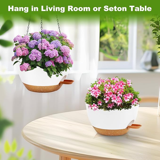 10 inch Hanging Planters for Indoor Plants, 3 Pack Self-Watering Hanging Planter Pots with Chain and Drainage Holes, Outdoor Hanging Baskets for Garden Home Decor (White With Brown, 3pcs/10inch) Rootora