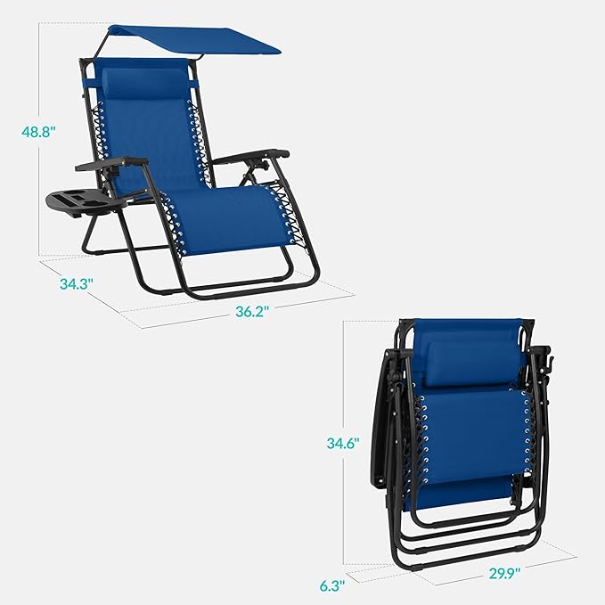 Best Choice Products 30” Wide Folding Zero Gravity Outdoor Recliner Patio Lounge Chair w/Adjustable Canopy Shade, Headrest, Side Accessory Tray - Marine BestChoiceProducts