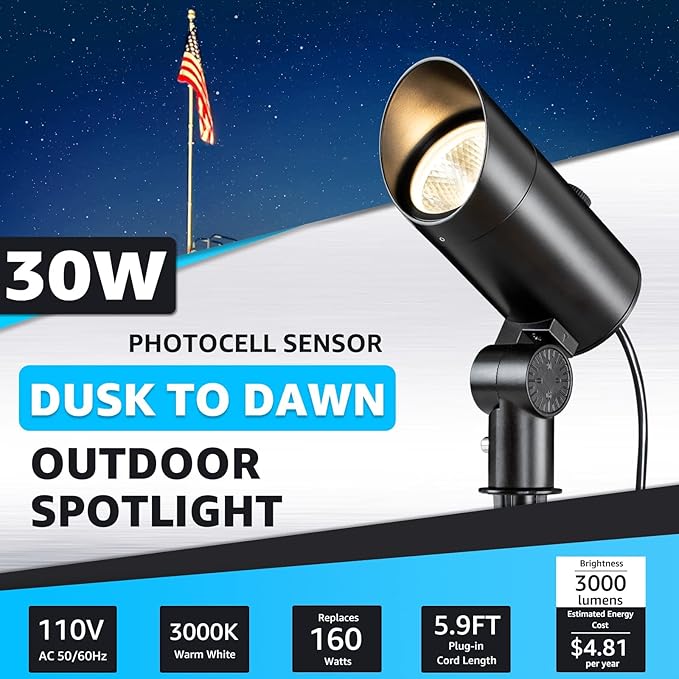 SUNVIE 30W Spot Lights Outdoor 120V Dusk to Dawn Outdoor LED Spotlight Plug in with Photocell Sensor 3000K Waterproof Bright Flag Pole Light for Yard Tree Garden Landscape Lighting with Stake 6FT Cord SUNVIE