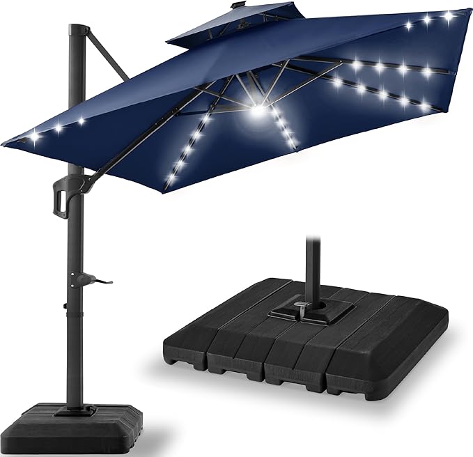 Best Choice Products 12x12ft LED Cantilever Patio Umbrella w/Base Included & 360° Rotation, Large Solar Offset Hanging Outdoor Sun Shade for Deck, Backyard Table w/Stand & Lights – Navy Blue BestChoiceProducts
