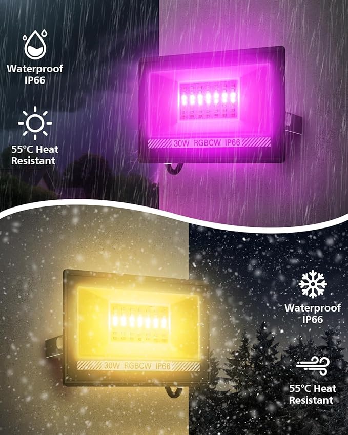 T-SUN Christmas LED Flood Light, 30W RGBCW Dimmable Outdoor Smart Lights, Color Changing LED Light with Remote & APP Control Waterproof Up Lights, Music Sync Stage Spot Light for House, Party (4 Pack) T-SUN