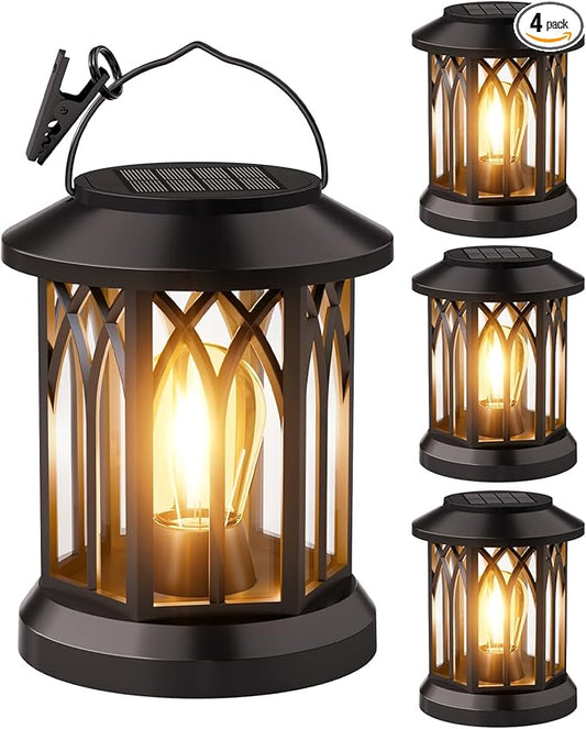 Solar Lanterns Outdoor Waterproof 4-Pack: Hanging Solar Lights for Outside Patio Decor for Garden Bright Black Modern Lanterns Decorative with Clips Gifts for Family Household Newlyweds - Warm Light SIMLIX