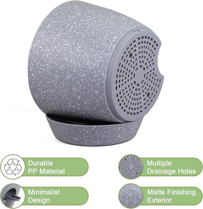 12 inch Large Self Watering Pots, Planter, Plant Pots with Mesh Drainage Holes for Indoor Outdoor House Plants and Garden, Plastic Flower Pots with Deep Reservoir, Speckled Grey WSMKSZ