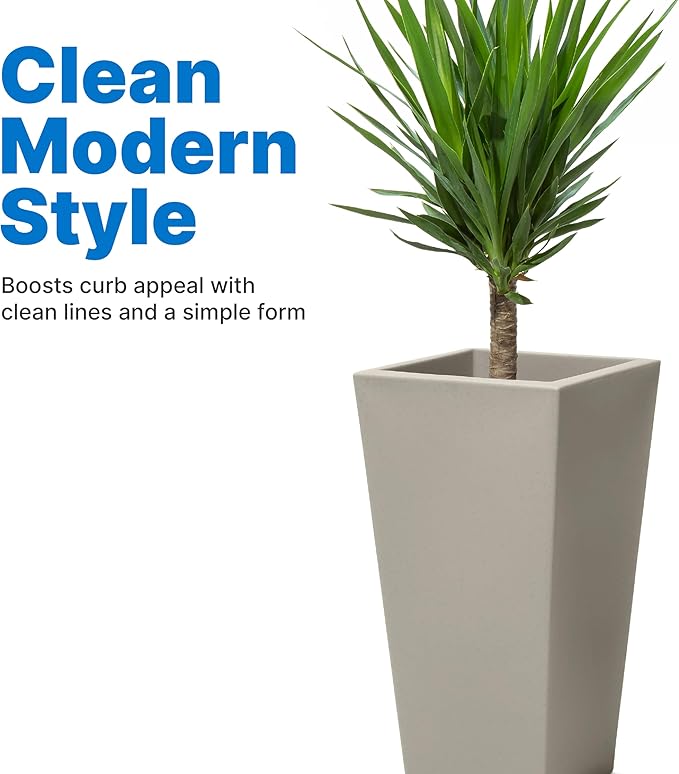 Step2 Tremont Tall Square Planter Pot, Large Outside All-Season All-Weather Gardening Pot for Patio and Front Porch, Concrete, 2-Pack Step2