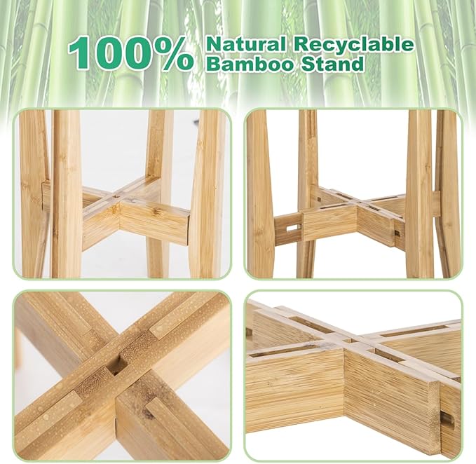 Plant Stand Indoor, Bamboo Plant Shelf, Adjustable Corner Plants Flower Holders Single Floor Plant Stand, Fits 8 to 12 Inches Pots,(Pot & Plant Not Included)(Nature) PlantsHomeFun