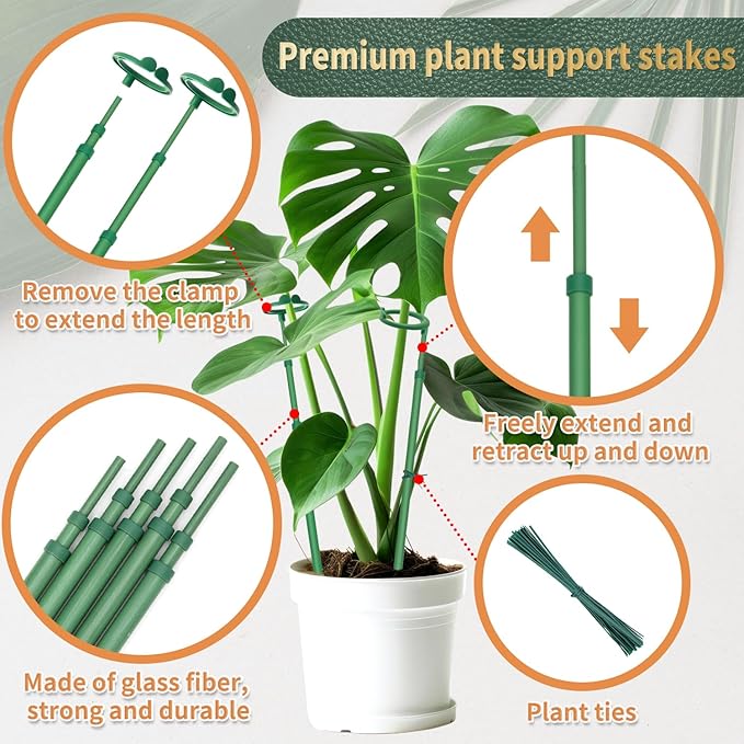 Telescoping Plant Stakes,5Pcs 17.9In to 42.3In Adjustable Monstera Plant Support Orchid Sticks with Clips, Plant Sticks Support Tall for Monstera,Orchids,Tomatoes,Vines & Indoor Outdoor Plants Stroller