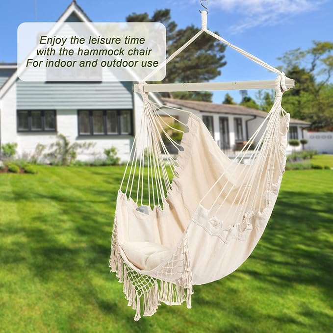 Hammock Chair, Hanging Rope Swing Seat with 2 Cushions,Macrame Hanging Chair Side Pocket with High Load-Bearing Metal Rod,for Indoor, Outdoor, Extra Comfortable YAERSI