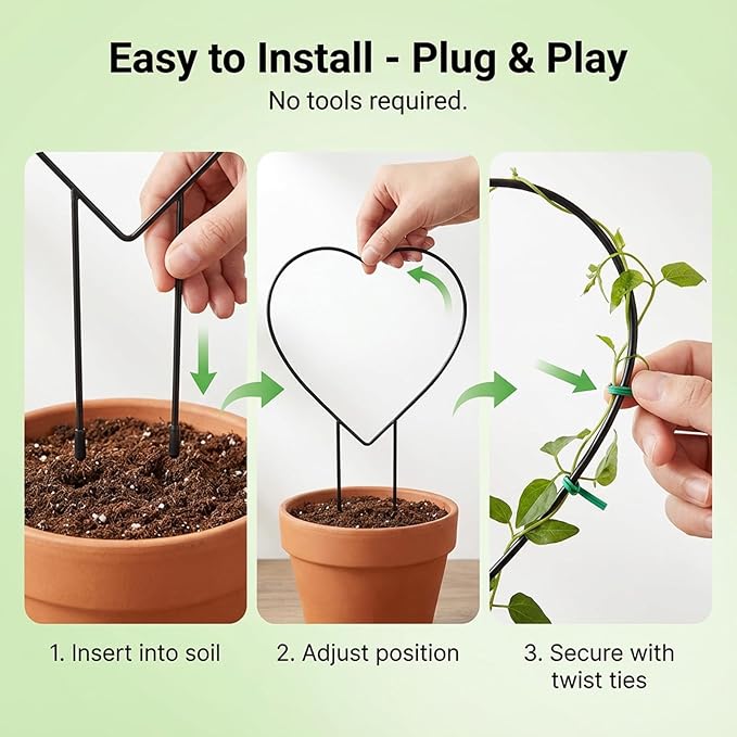 2 Pcs Heart Shaped Plant Trellis Indoor with 100 Plant Twist Tie Pothos Plants Climber Support Heart-Shaped Trellis Iron Heart Trelli Black Durable Houseplant Hearts Trelli for Potted Vines and Flower Rootora