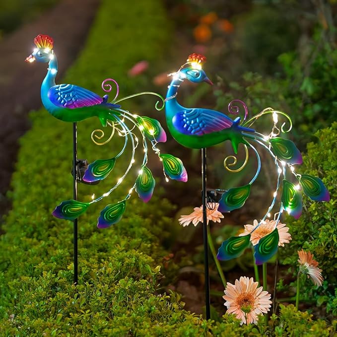 DREAMSOUL 2 Pack Metal Peacock Solar Lights Outdoor Waterproof LED Solar Lights, Decorative Garden Stakes for Yard Pathway Peacock Decor DREAMSOUL